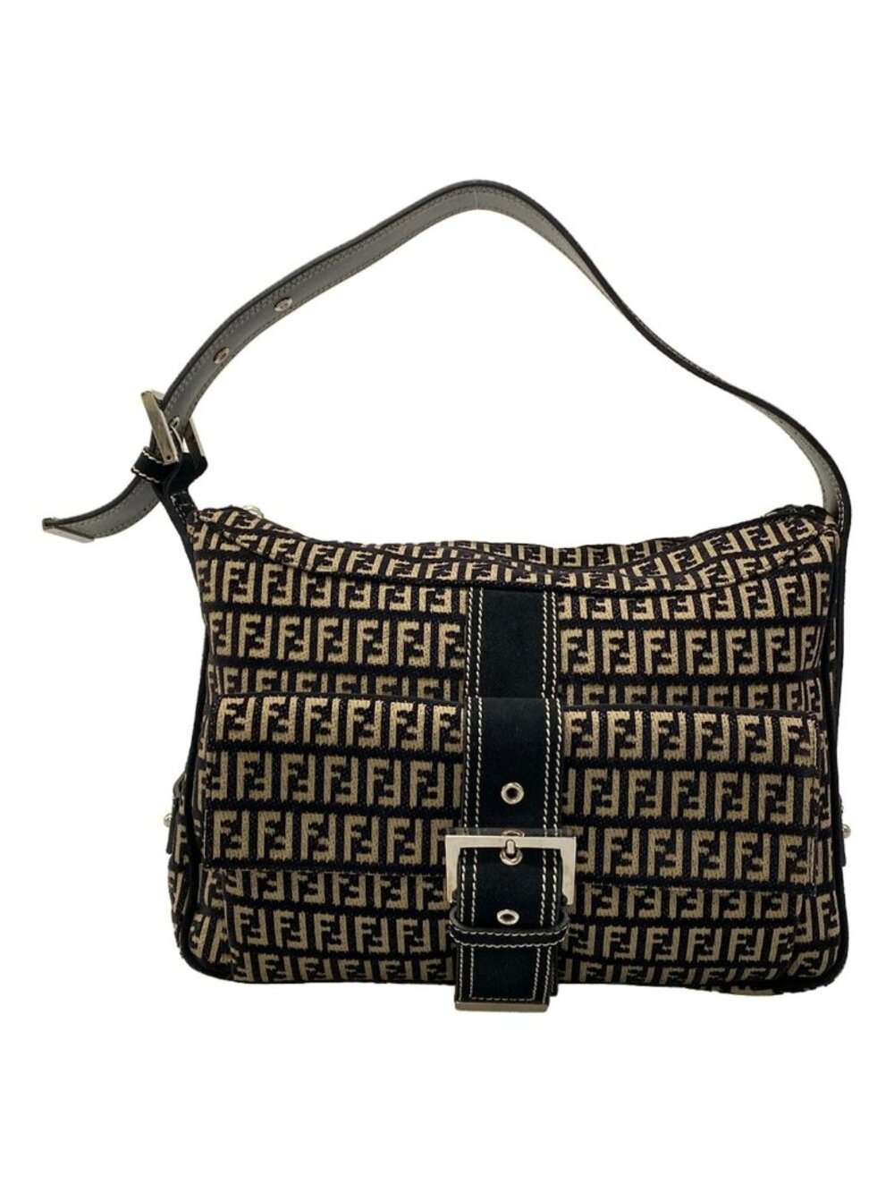 Fendi Shoulder Bag Zucchino Pattern Black Beige Cotton